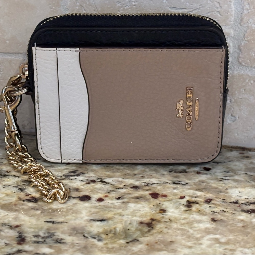 Coach Tan and White Card Holder with Gold Chain